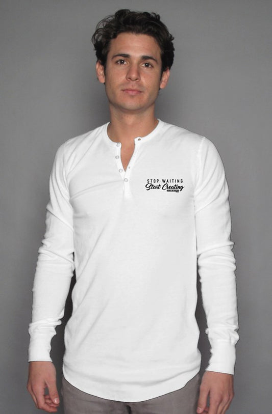 stop waiting white long sleeve henley