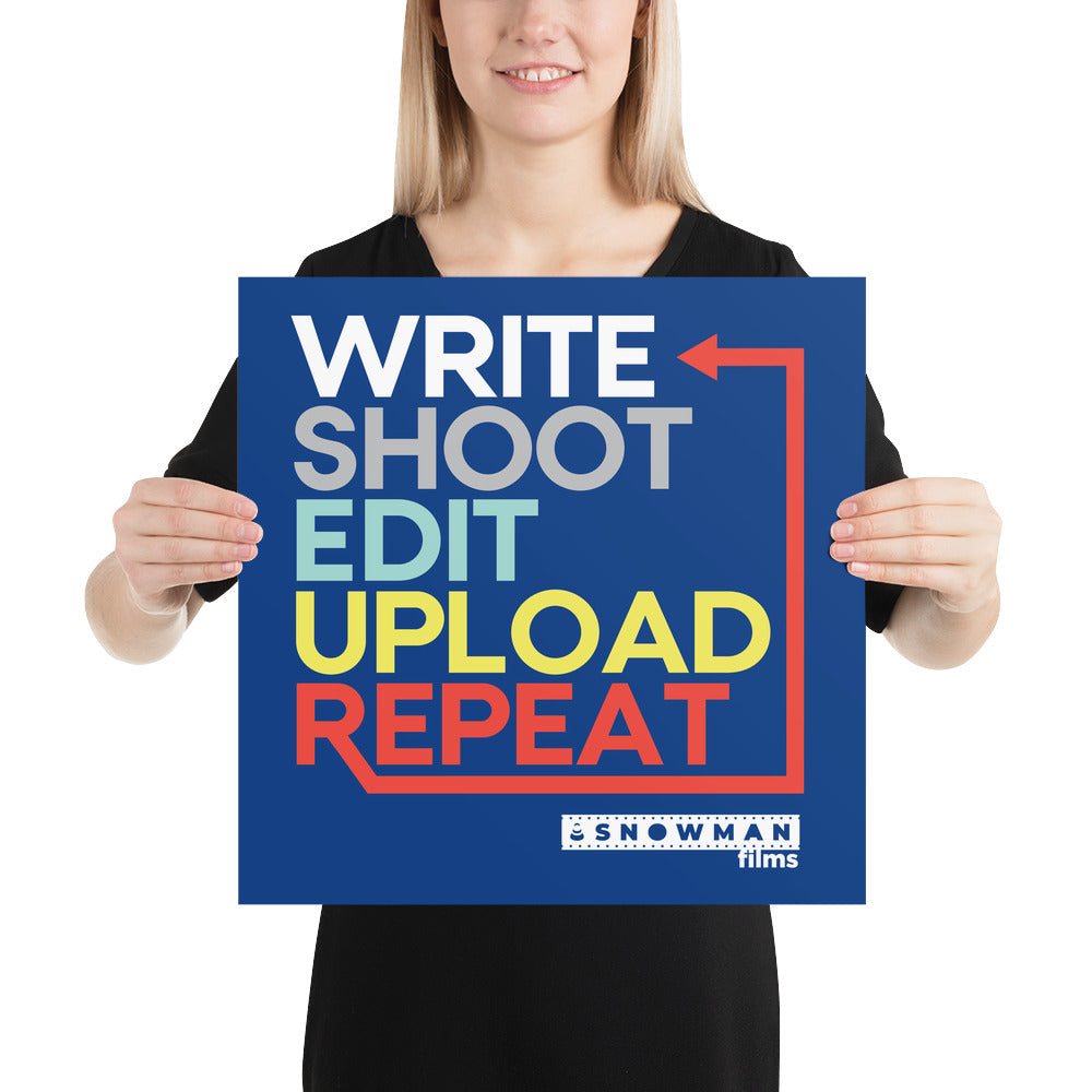 Write, Shoot, Edit, Upload, Repeat Blue Poster