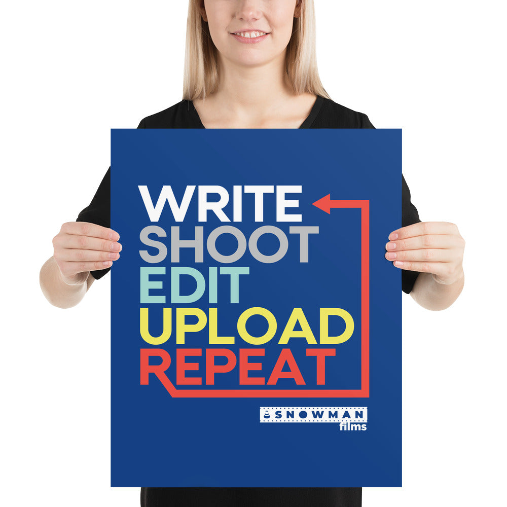 Write, Shoot, Edit, Upload, Repeat Blue Poster